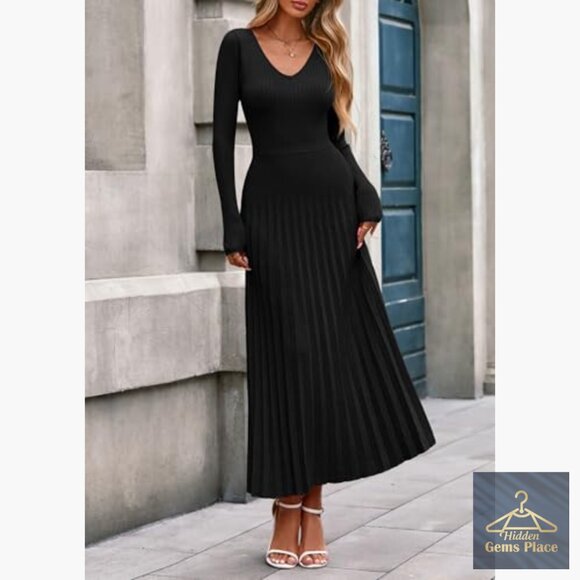 Long Sleeve V-Neck Ribbed Knit Pleated Maxi Sweater Dress - Picture 3 of 7